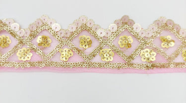 Pink Tissue Embroidered Trim, Gold Sequins Trim Decorative Lace Sari Border Costume Ribbon Crafting Sewing Tape, 1 yard